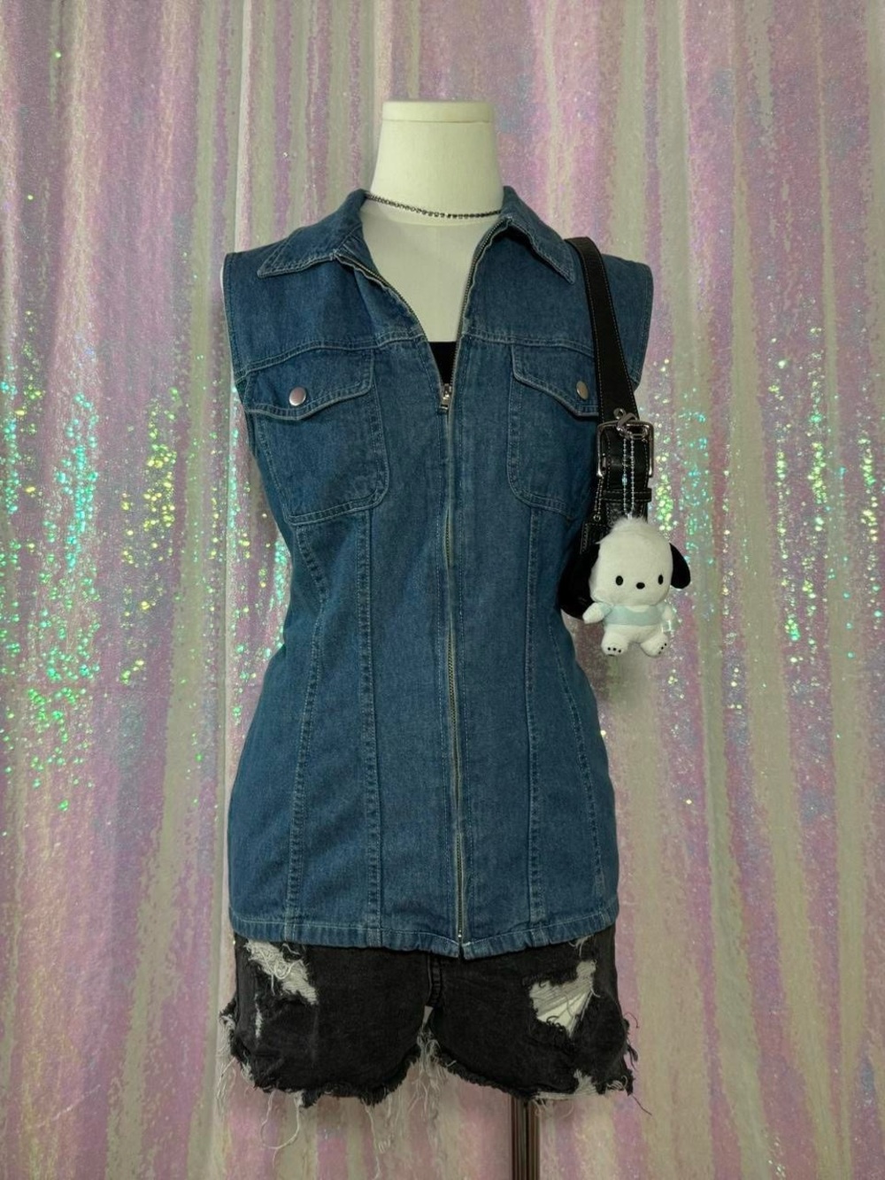Newport News Long Denim Zip-Up Sleeveless Collared Vest ★彡